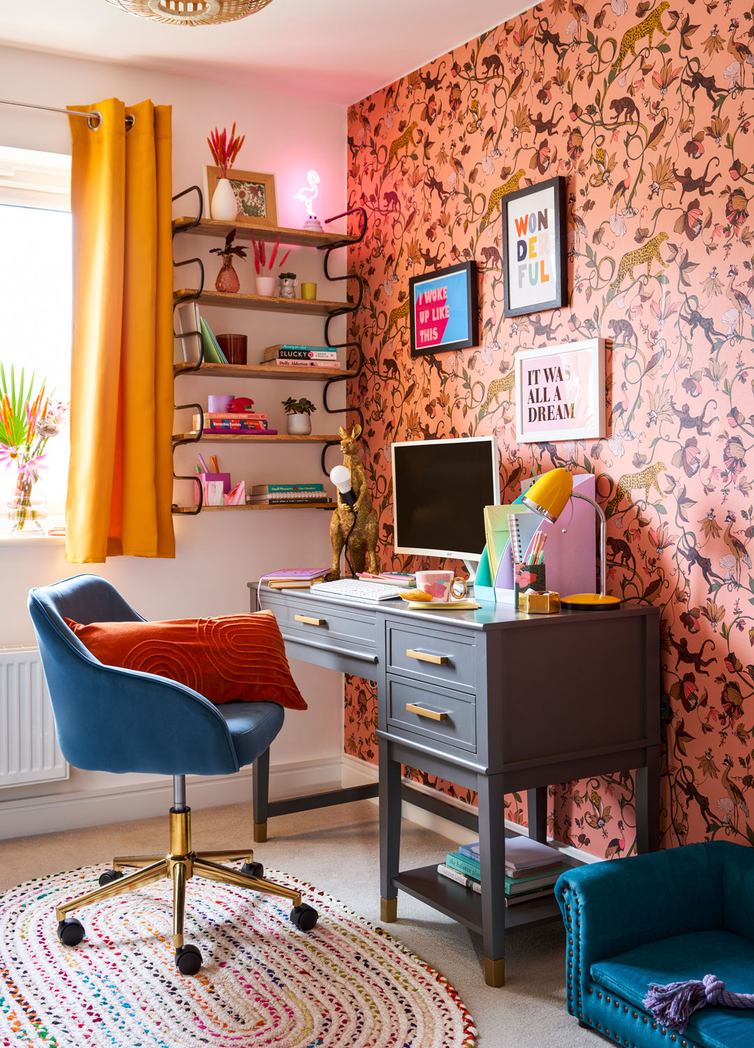 home office corner with bright colour scheme and jungle wallpaper