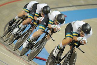 Team Australia's cyclists Samuel Welsford, Julius O'Brien, Leight Howard and Alexander Porter compete in the Men's Team Pursuit Final race at the UCI Track Cycling World Championships