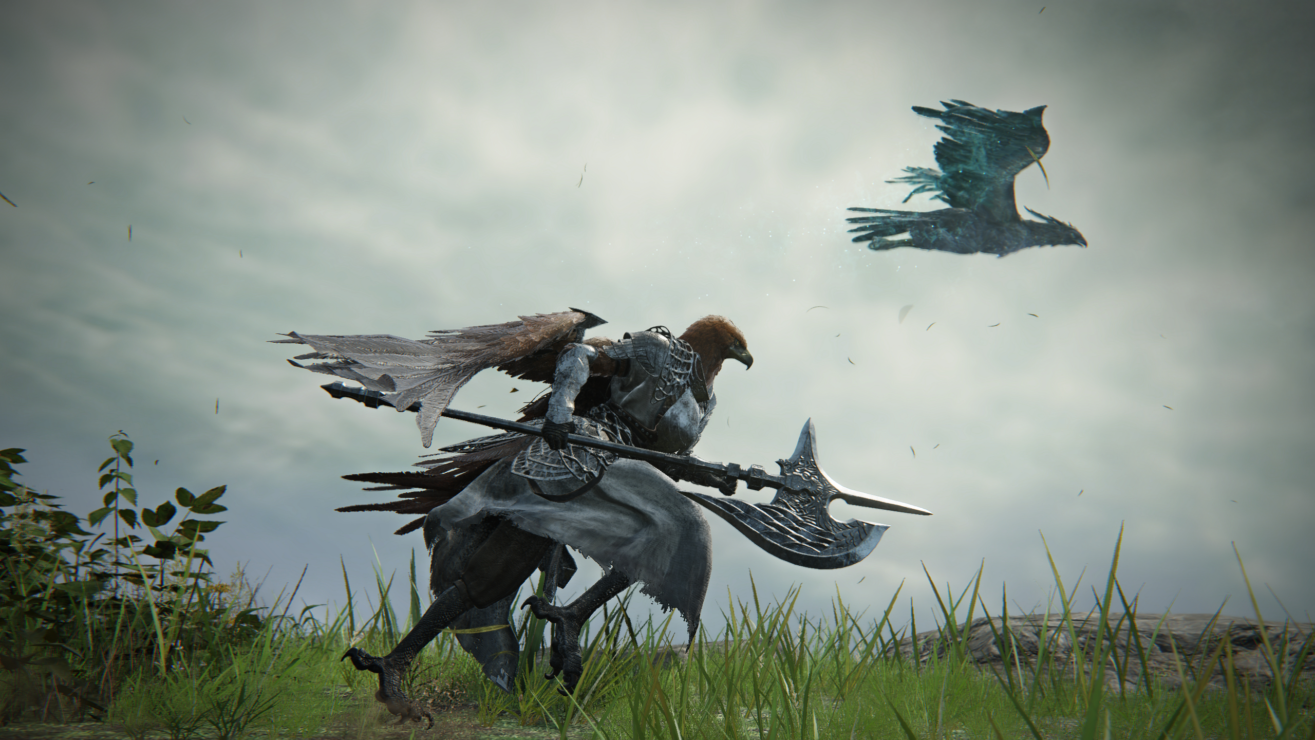 Elden Ring Nightreign Remembrance quests: Guardian running along the cliff with a halberd as a spectral hawk follows alongside.