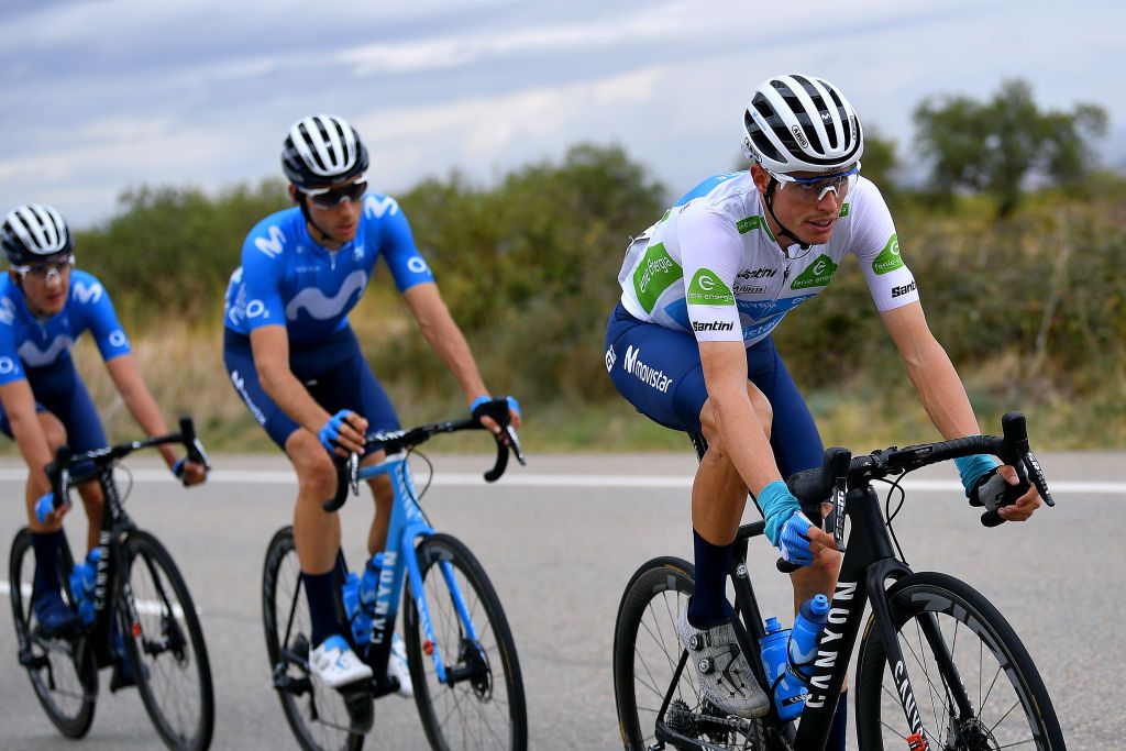 VINUESA SPAIN OCTOBER 22 Enric Mas Nicolau of Spain and Movistar Team White Best Young Jersey Carlos Verona Quintanilla of Spain and Movistar Team Marc Soler Gimenez of Spain and Movistar Team during the 75th Tour of Spain 2020 Stage 3 a 1661km stage from Lodosa to La Laguna Negra Vinuesa 1735m lavuelta LaVuelta20 La Vuelta on October 22 2020 in Vinuesa Spain Photo by Justin SetterfieldGetty Images