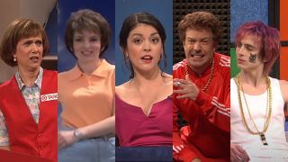From Left to Right: Kristen Wiig, Tina Fey, Cecily Strong, Jason Sudeikis and Timotee Chalamet