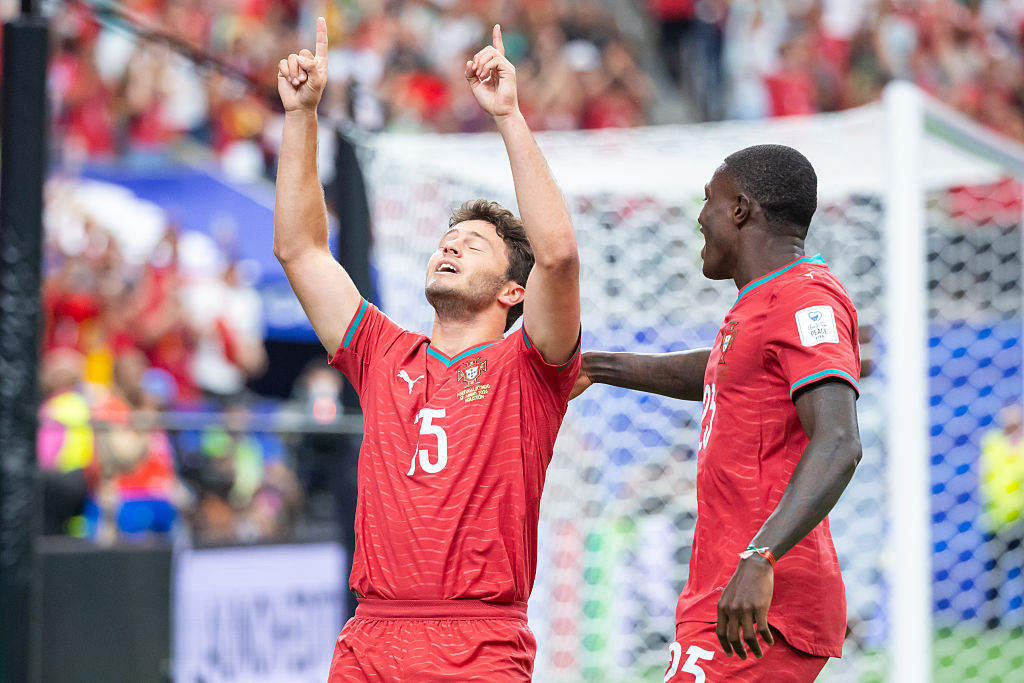 HOUSTON, TEXAS - JUNE 17: Joao Neves #15 of Portugal celebrates after a goal during the FIFA World Cup 2026 Group K match between Portugal and Congo DR at Houston Stadium on June 17, 2026 in Houston, Texas. (Photo by Joe Buvid/ISI Photos/ISI Photos via Getty Images)