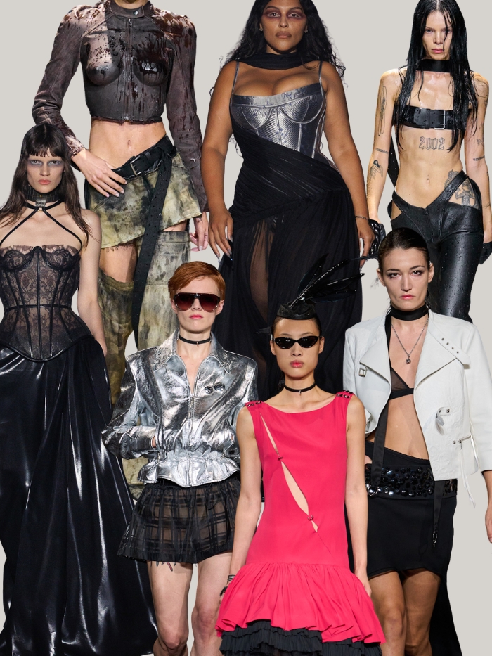 Runway collage of the rock revival trend at London Fashion Week spring/summer 2027 collections. Designers include John Richmond, McQueen, Liza Keane.