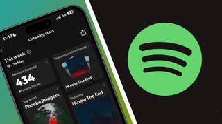A smartphone showing Spotify's listening stats next to the app logo