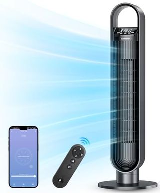 Dark gray Azonanor tower fan with remote and pictured with iPhone and the fan's app displayed