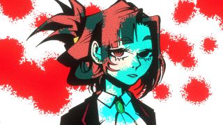 A woman in a suit stands against a backdrop of blood spatters