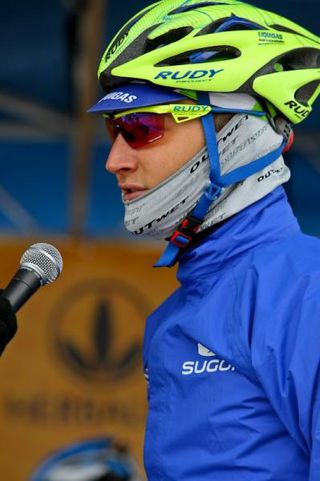 Ted King (Liquigas) all bundled up for a quick interview before the race
