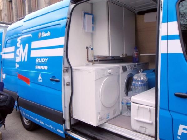 The Milram van is compact but has everything a team needs