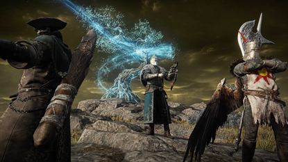 A screenshot shows three Elden Ring Nightreign characters wearing Dark Souls armor sets