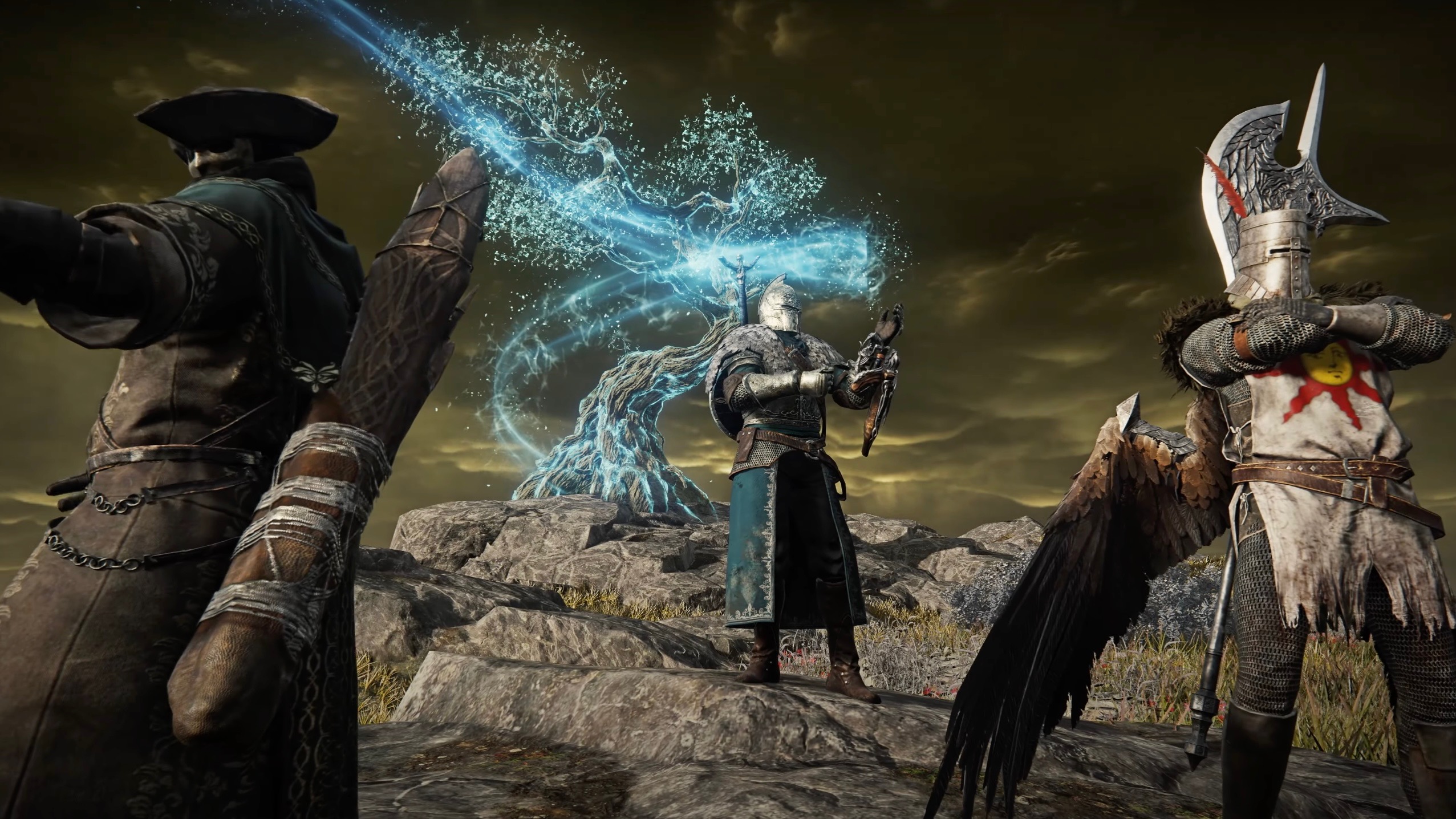 A screenshot shows three Elden Ring Nightreign characters wearing Dark Souls armor sets