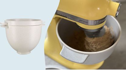 KitchenAid Bread Bowl Accessory making bread in the butter ywlloe stand mixer with the KitchenAid Bread Bowl Accessory on the left on a blue background