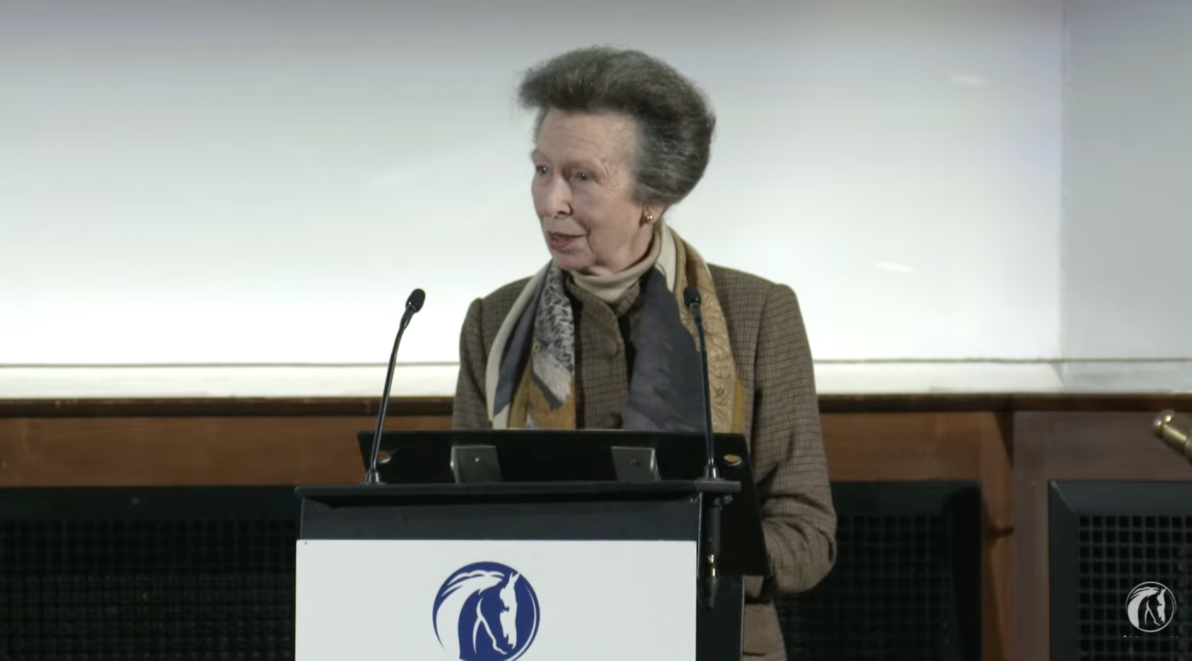 Princess Anne speaking at a podium in a brown coat and scarf