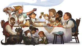 A group of D&D halflings at a dinner table, raising their glasses in cheers