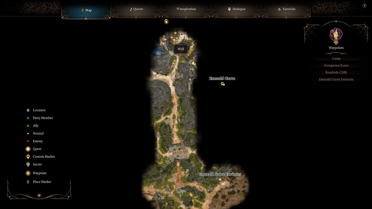 Baldur's Gate 3 - A map showing hte entrance to the Emerald Grove where Wyll is located