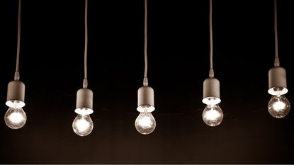 Five decorative lightbulbs hang from an unseen ceiling.