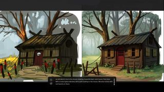 AI Photoshop tutorial; two paintings of a countryside cottage, one is made using AI