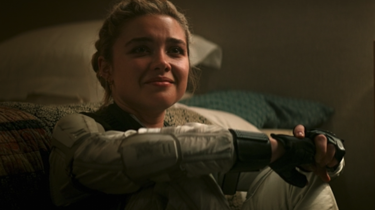 Florence Pugh as Yelena Belova in white suit in Black Widow