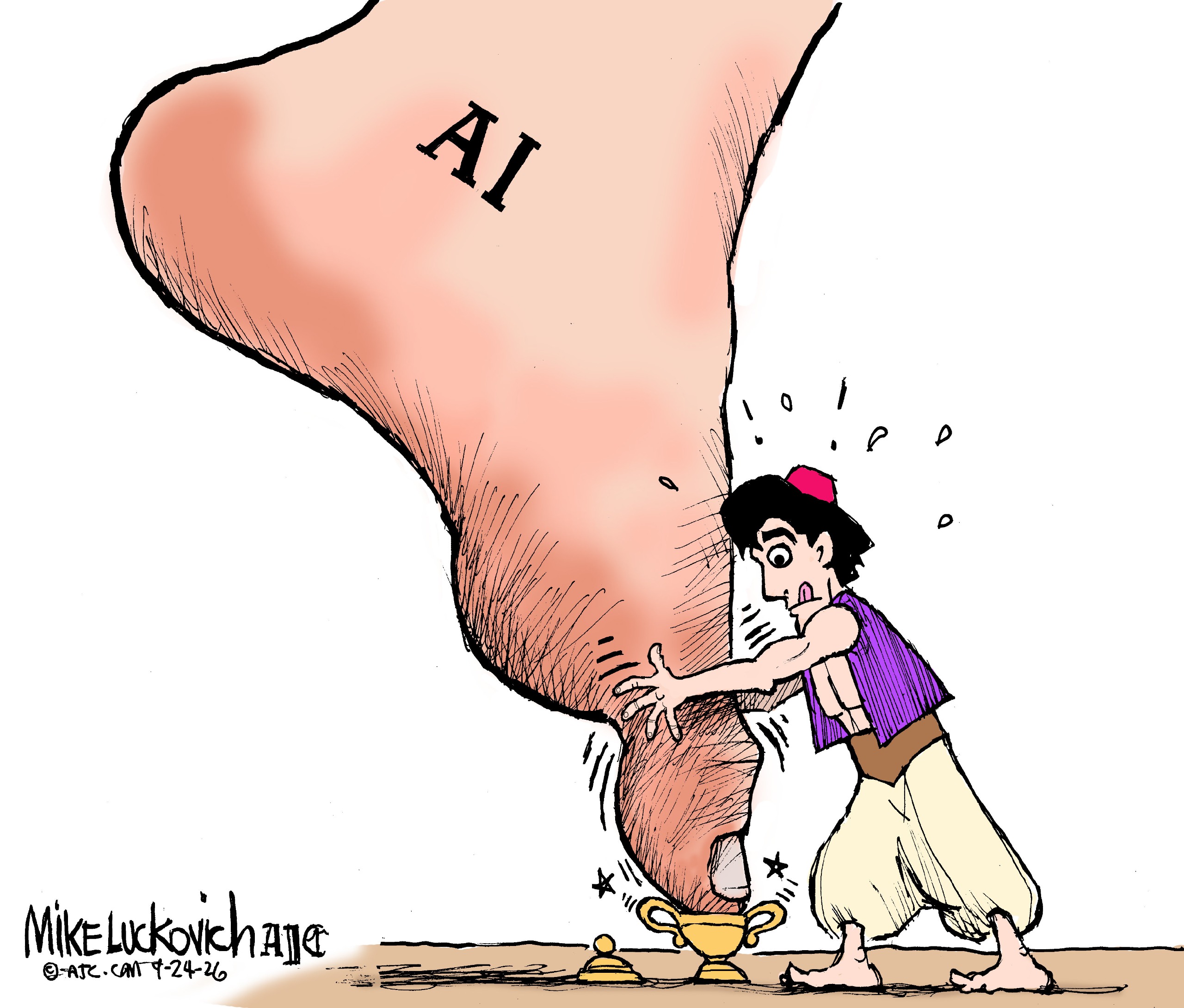 This cartoon depicts a man who looks like Aladdin, the prince who opened the genie bottle. This prince desperately tries to put a giant foot labeled &amp;ldquo;AI&amp;rdquo; back into a tiny genie bottle.