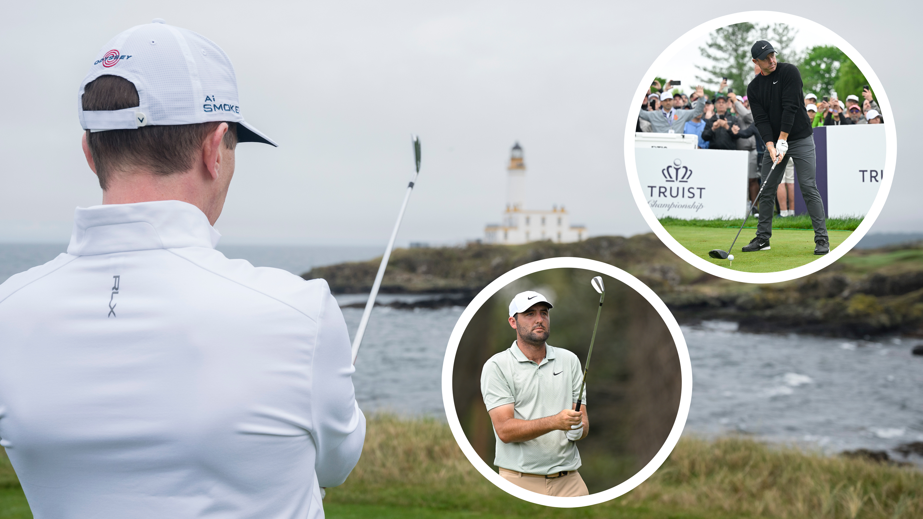Ben Emerson choosing the correct line for his next tee shot at Trump Turnberry, with inset images of Scottie Scheffler and Rory McIlroy preparing to hit their tee shots on the tee box at PGA Tour events
