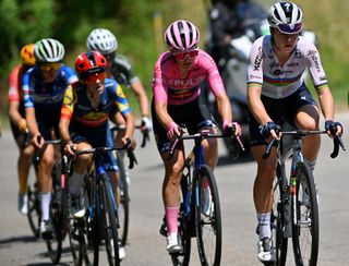 TOANO, ITALY - JULY 09: (L-R) Elisa Longo Borghini of Italy and Team Lidl - Trek - Pink Leader Jersey and Lotte Kopecky of Belgium and Team SD Worx - Protime compete during the 35th Giro d&#039;Italia Women 2024, Stage 3 a 113km stage from Sabbioneta to Toano 899m / #UCIWWT / on July 09, 2024 in Toano, Italy. (Photo by Luc Claessen/Getty Images)