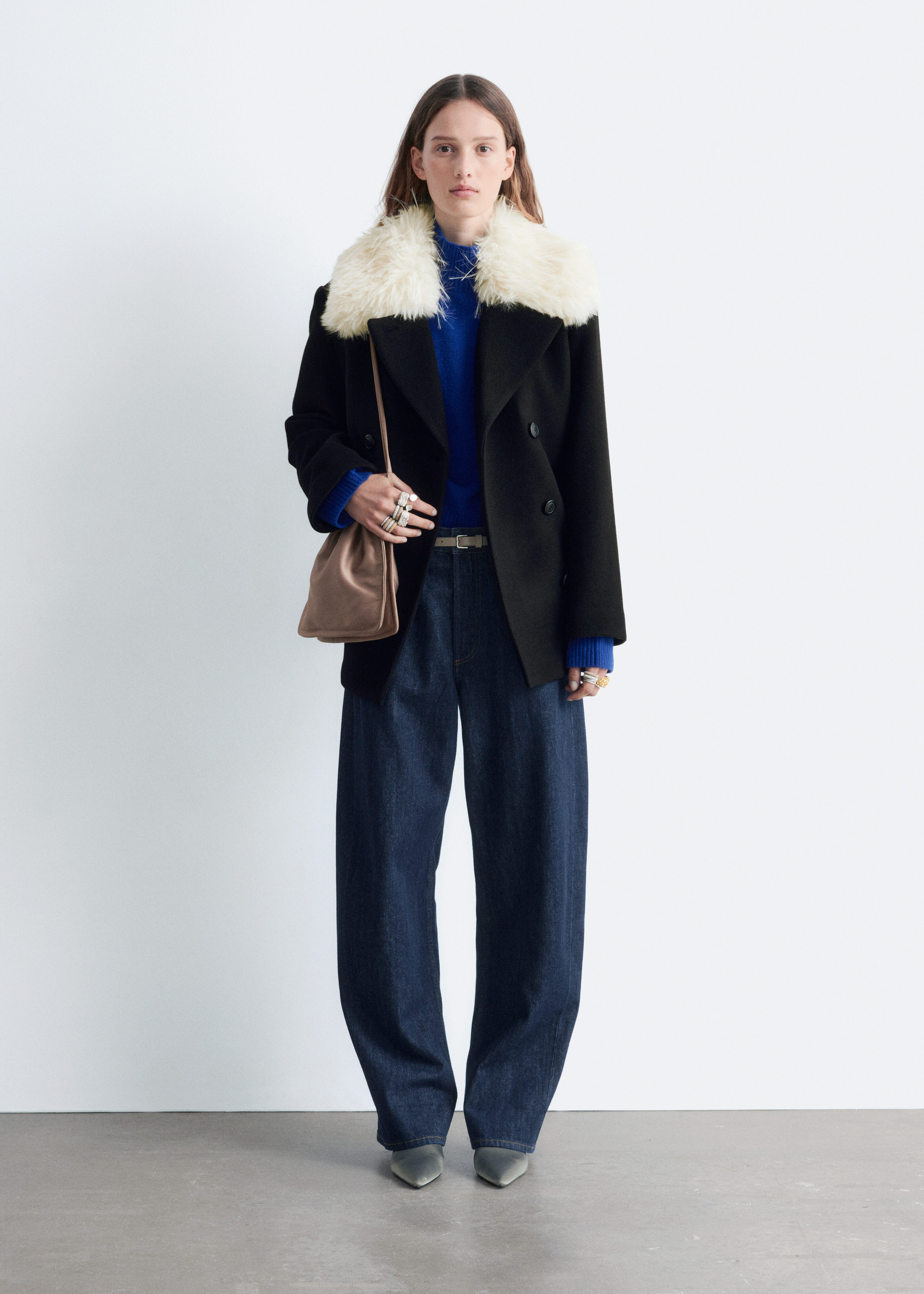 Short Fur-Collar Wool Coat