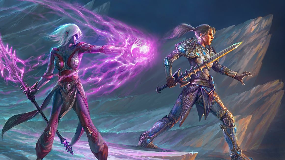 EverQuest 2 art featuring two armored characters on an icy landscape. 