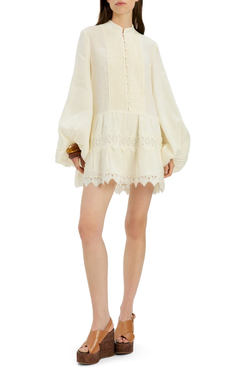 Antonia Lace Trim Long Sleeve Linen Minidress