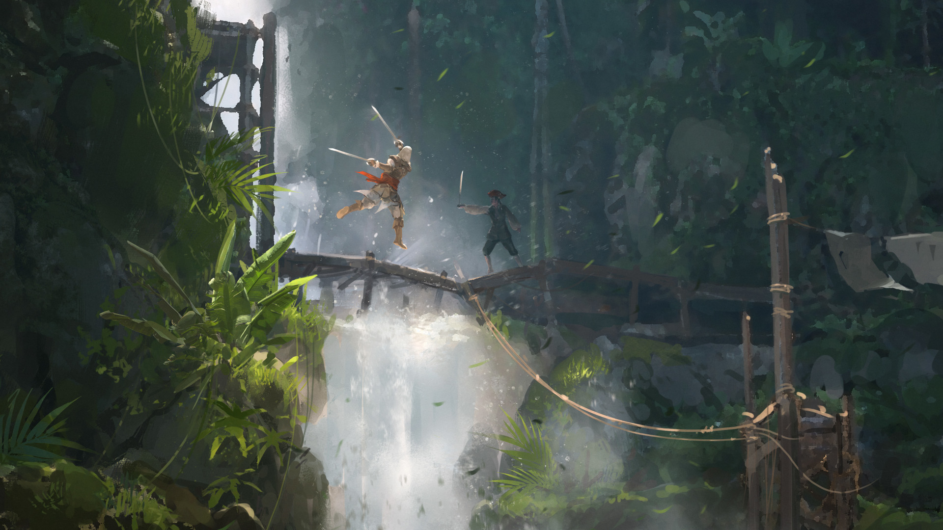 Assassin's Creed Black Flag Resynced concept of Edward Kenway fighting a solider atop a bridge in the Caribbean