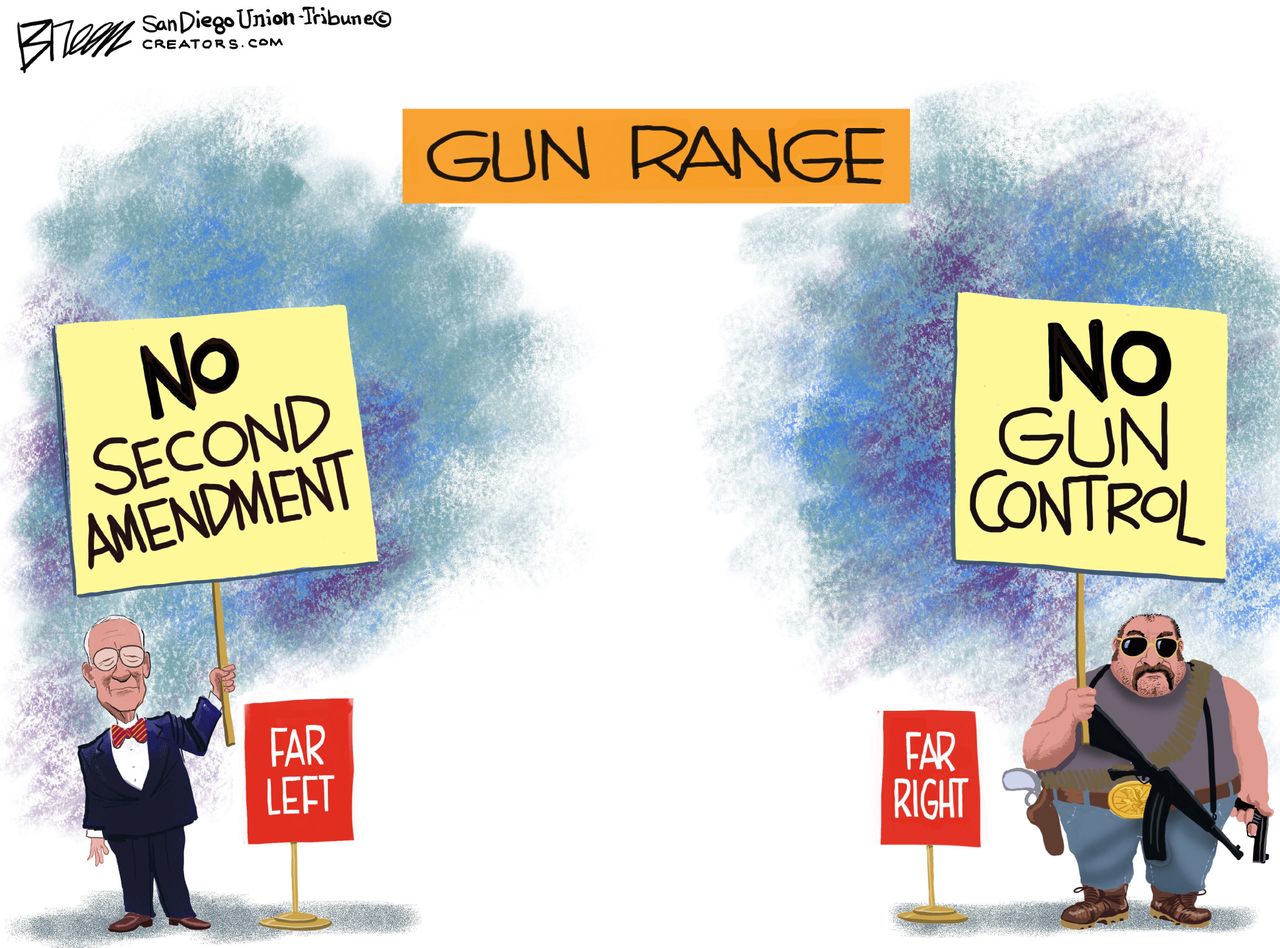 Political cartoon U.S. gun control second amendment NRA right vs. left