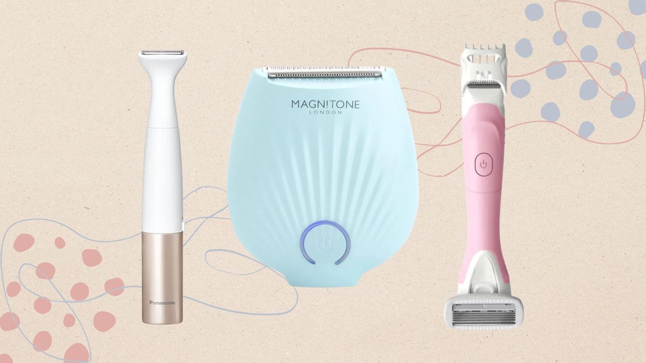A beige canvas with pink and blue graphic swirls and images of three bikini trimmers; magnitone, panasonic and wilkinson sword