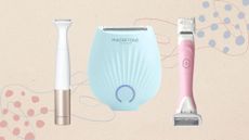A beige canvas with pink and blue graphic swirls and images of three bikini trimmers; magnitone, panasonic and wilkinson sword