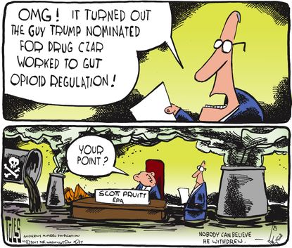 Political cartoon U.S. Opioid addiction GOP Tom Marino drug czar Scott Pruitt EPA