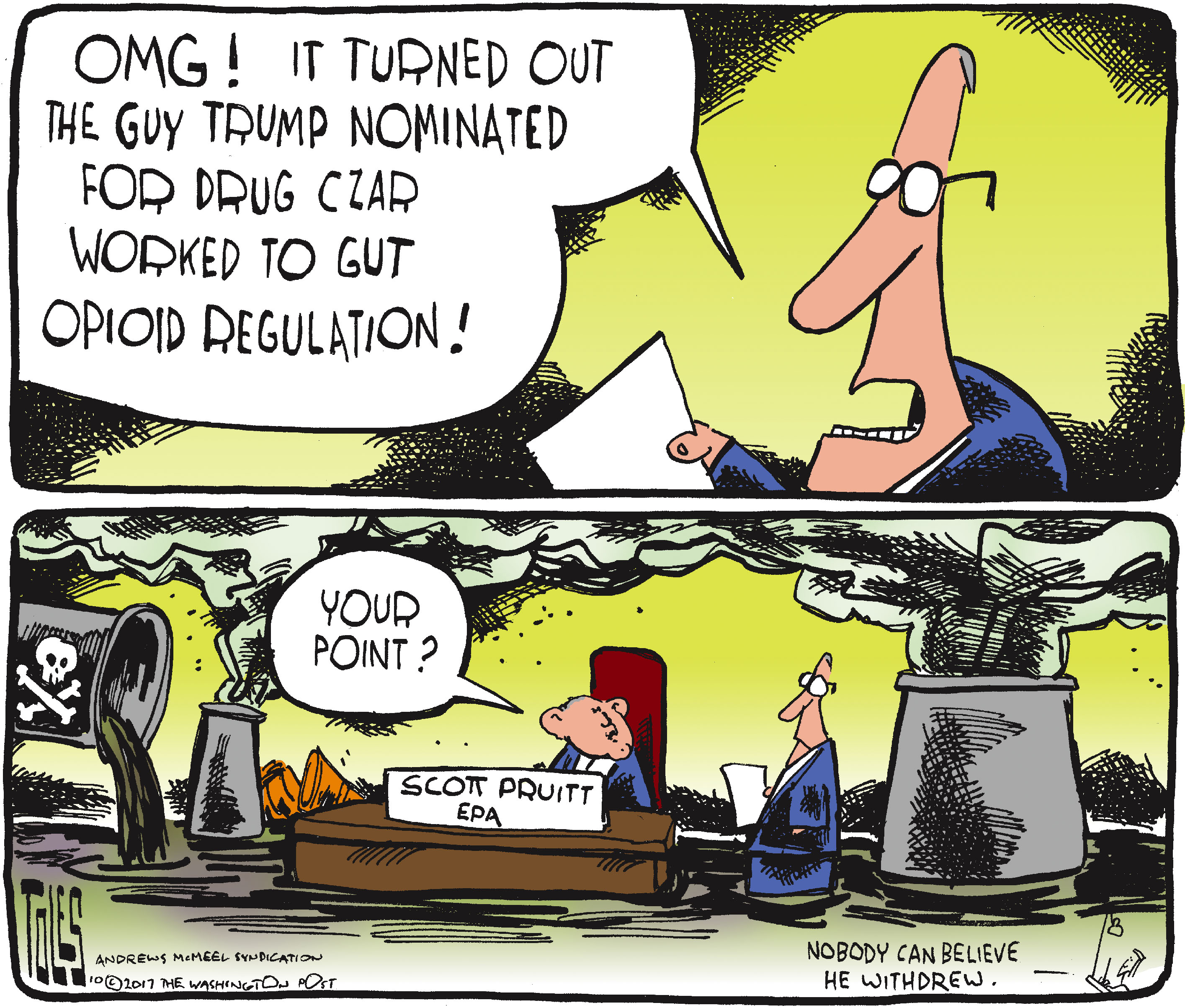 Political cartoon U.S. Opioid addiction GOP Tom Marino drug czar Scott Pruitt EPA