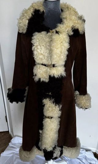 Brown Suede Leather Shearling Sheep Coat 13-14 Afghan Penny Lane Vtg 60s 70s