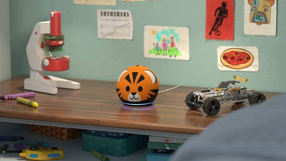 Amazon Echo Dot Kids Edition 4th Generation Tiger on a shelf with other toys