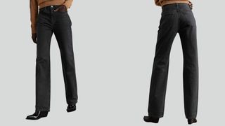 composite of model wearing Le Jane high-rise straight-leg jeans in black