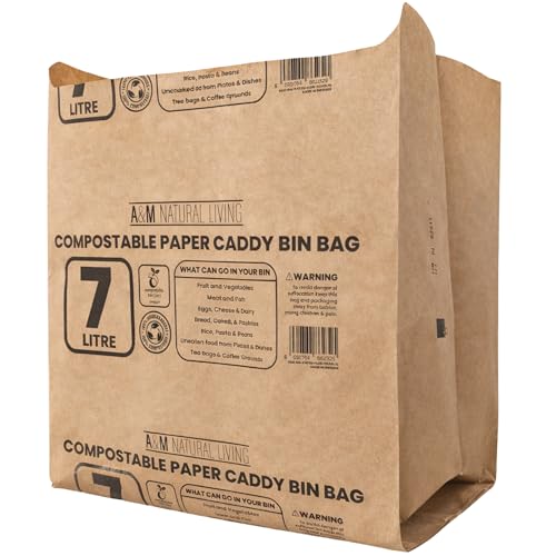 A&amp;amp;m Natural Living 50 X 6l to 8l Paper Food Waste Caddy Bin Liners Bags, 7 Litre 100% Compostable and Biodegradable Sustainable Brown Paper Sack Pack, En13432 Certified