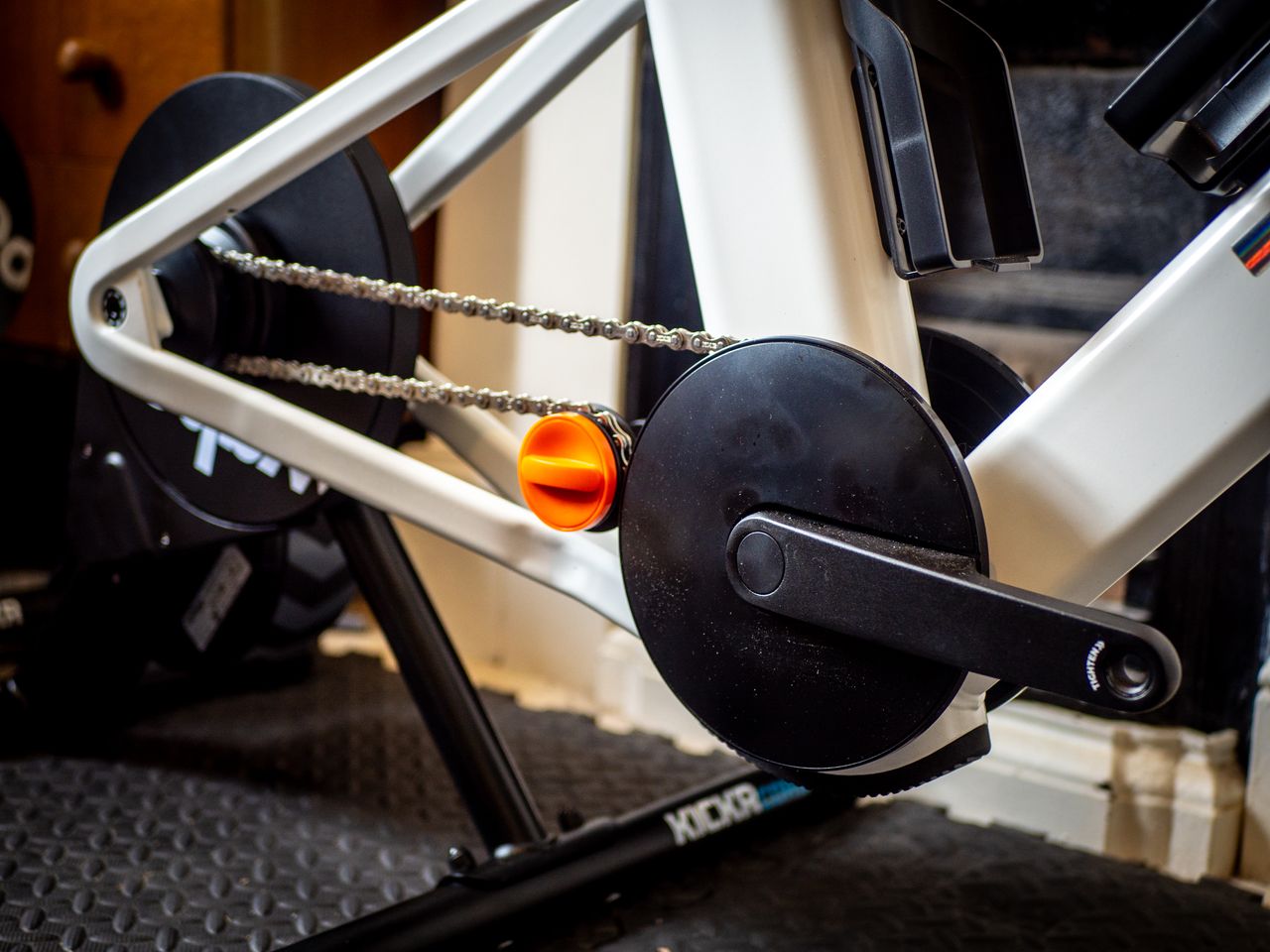 Close up details of the Zwift Ride indoor bike
