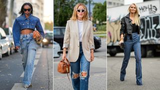 Three women wearing high-waisted jeans illustrating how to style jeans