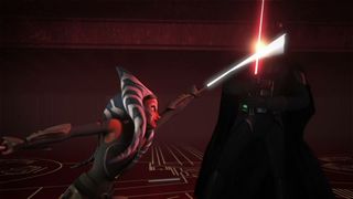 Still from Star Wars Rebels Season 2 Episode 22: Twilight of the Apprentice Part 2. Ahsoka (orange skin, white face markings, white head tails with blue stripes) is having a lightsaber battle with Darth Vader (black cape, black helmet). Ahsoka blue lightsaber clashes against Darth Vader's red one as she lunged forward.