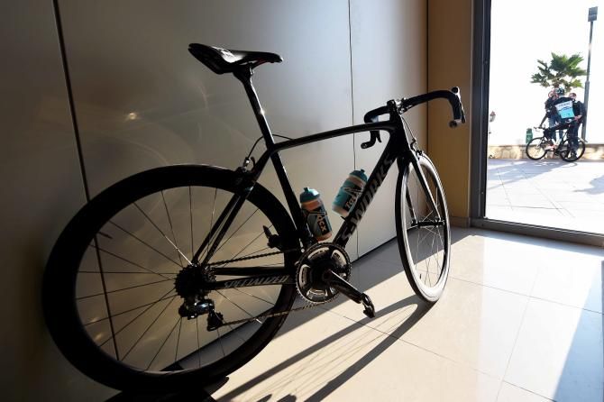 An Etixx-QuickStep team bike waits for a training day in Calpe, Spain.