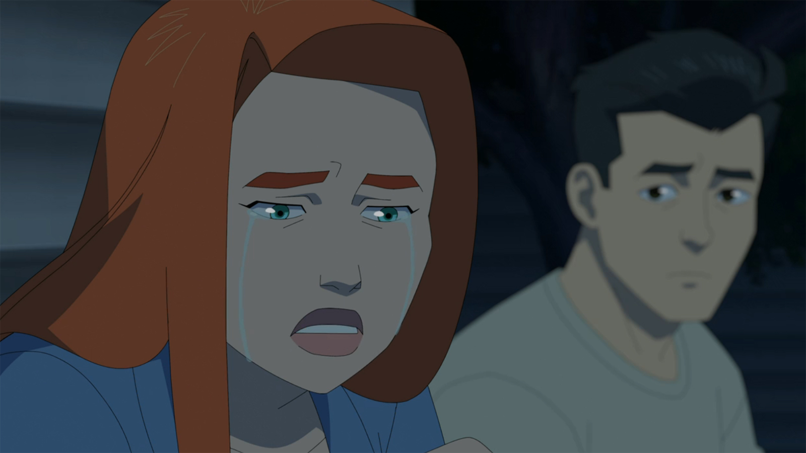 Eve sitting and crying as Mark looks over at her in Invincible season 4 episode 8