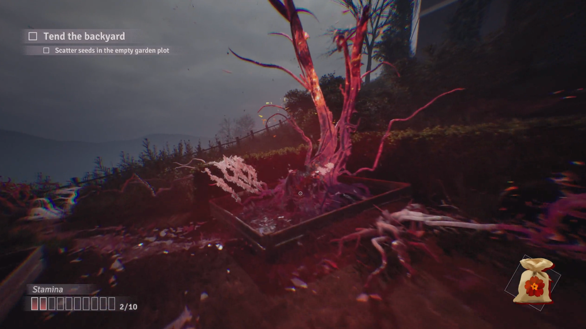 A red tree sprouts from a strange plot of red dirt