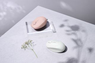 Two Asus Fragrance mice on a desk next to a sprig of some lovely flower or herb.