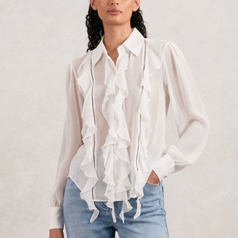 white ruffled silk shirt