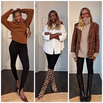 Danielle Prescod wearing leggings and a turtleneck; Danielle Prescod wearing leggings and a a button-down; Danielle Prescod wearing leggings and a blazer