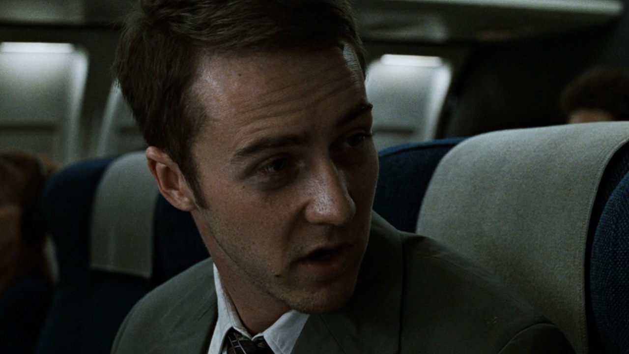 Edward Norton's Narrator on a plane in Fight Club