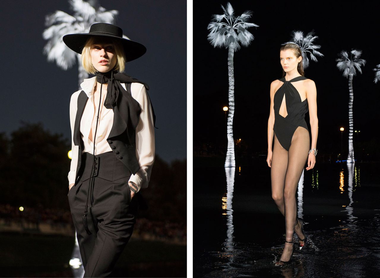 Models wear black trousers, waistcoat, hat, neck scarf and white shirt, black swimsuit and feather head piece