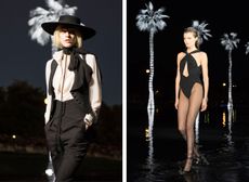 Models wear black trousers, waistcoat, hat, neck scarf and white shirt, black swimsuit and feather head piece