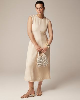 Fringe-Trim Dress in Glossy Twill